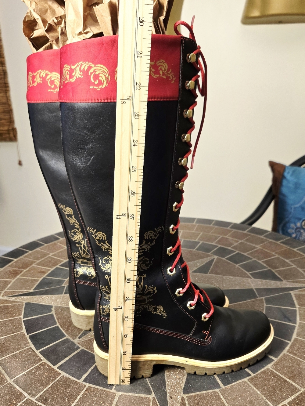 Timberland Lugged Sole Lace-Up Tall Boots Gold Accents - Picture 12 of 13